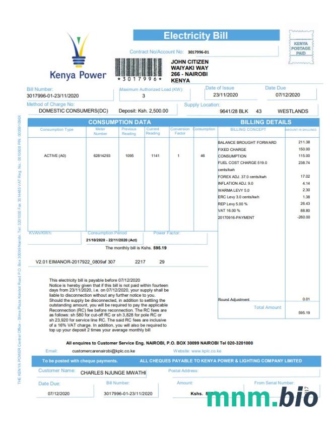 Szablon rachunku za energię w Kenii w formacie Word i PDF